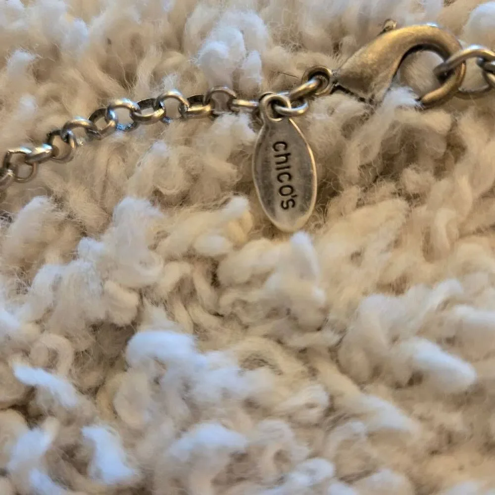 Chico's Long Charm Necklace Silver & Blue Stone